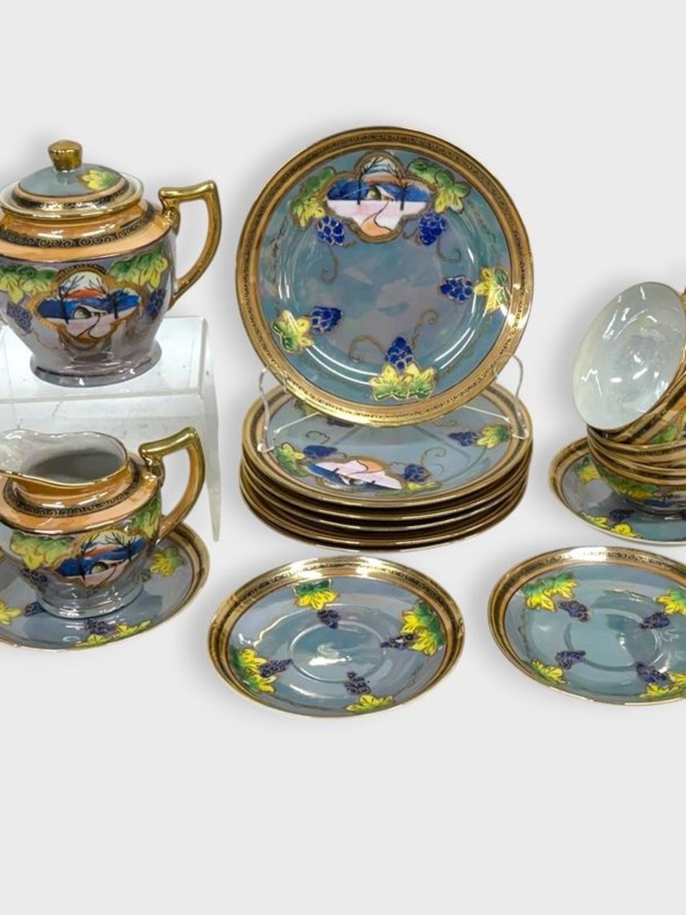 Hand-Painted Floral Gold-Trim Tea Set - Blue and Green
